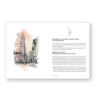 Page spread from City Witchery features sections titled, "Grounding, Cleansing, Energy Work and Journaling" and "Dropping Anchor: Grounding in the Here and Now" alongside a cityscape illustration with watercolor accent
