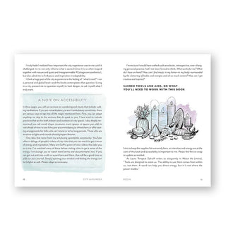 Page spread from City Witchery features sections titled, "A Note on Accessibility" and "Sacred Tools and Aids, or What You'll Need to Work With This Book" alongside an illustration of lit candles, seashells, and other mystical objects accented with watercolor