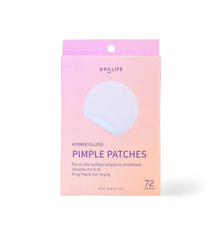 Rectangular purple-to-pink ombre 72-pack of Spa Life Hydrocolloid Pimple Patches with enlarged image of a patch in the center