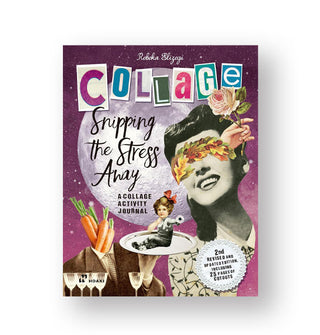 Cover of Collage: Snipping the Stress Away (A Collage Activity Journal) features a full moon backdrop with various random cutouts placed together, the largest of which is a retro woman's smiling face with autumn leaves where her eyes should be