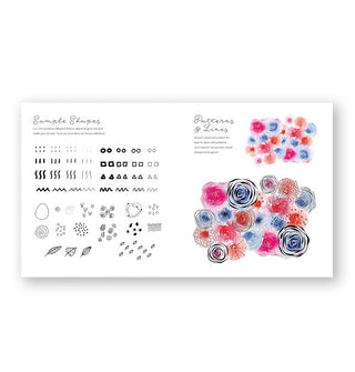 Page spread from Color in Reverse: Watercolor Florals features sections titled, "Sample Shapes" and "Patterns & Lines" with accompanying illustrated demonstrations