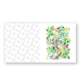 Page spread from Color in Reverse: Watercolor Florals features light flower line drawings at left and a dense, vibrant watercolor flower cluster at right