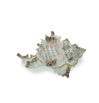 Whitish conch shell with dark points, gold trim, and rhinestone accents