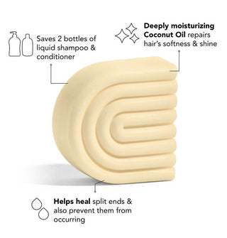 Light yellow C-shaped ribbed bar of solid conditioner is labeled with its key benefits accented with infographics