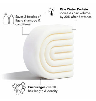White ribbed C-shaped conditioner bar is labeled with its key benefits accented by infographics