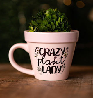 Pastel pink ceramic mug shaped to resemble a planter pot and holding some green foliage says, "Crazy plant lady" in alternating type styles accented with floral illustrations