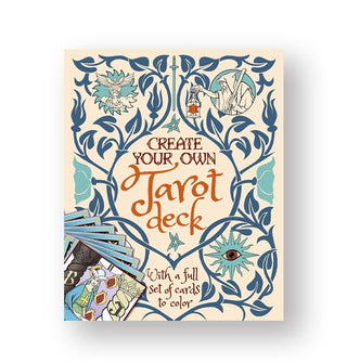 Cover of Create Your Own Tarot Deck (With a Full Set of Cards to Color) features predominantly blue vine illustrations accented with tarot symbology