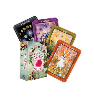 Box and four-card spread of Crystal Alchemy Oracle cards (Moonstone, Amethyst, Citrine, and Tangerine Quartz) all feature sumptuous collage-style illustrations