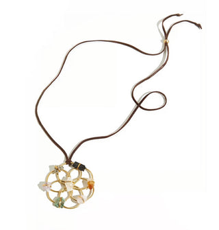 Gold Seed of Life pendant with crystals wired to it is strung on a brown leather corn with gold adjusting bead
