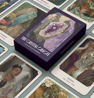 Box for and samples from The Crystal Oracle card deck featuring gemstone-themed collage-style artwork