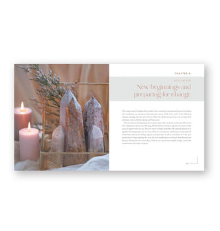 Page spread from Crystal RItuals by the Moon features a chapter introduction titled, "New beginnings and Preparing for Change" alongside a photograph of several purple crystal points and two lit candles with an herb sprig