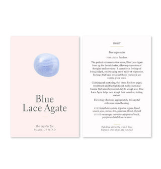 Sample card front and back from the Crystals for Beginners deck: Blue Lace Agate