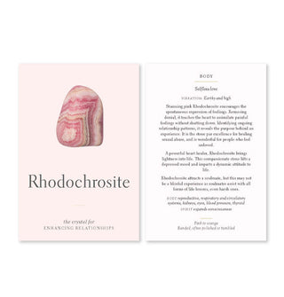 Sample card front and back from the Crystals for Beginners deck: Rhodochrosite