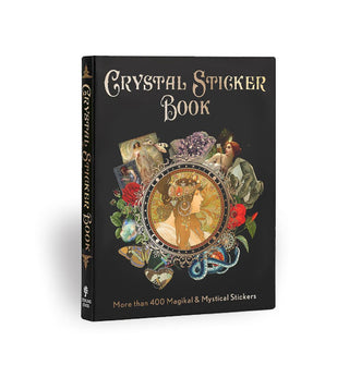 Black cover of Crystal Sticker Book features a central illustrated profile portrait of a woman in an elaborate headdress surrounded by miscellaneous vintage-style designs