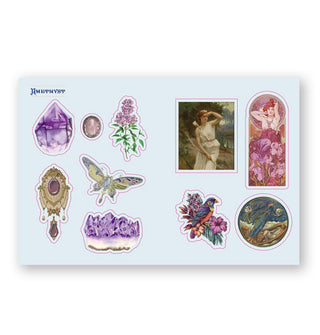 Page sample from the Crystal Sticker Book features a page themed, "Amethyst"