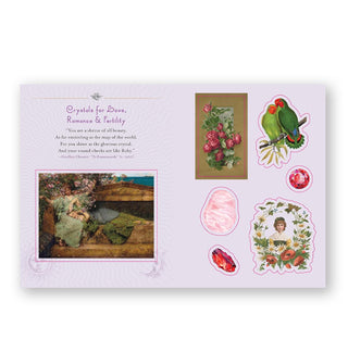 Page sample from the Crystal Sticker Book features a section titled, "Crystals for Love, Romance & Fertility"