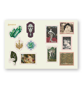 Page sample from the Crystal Sticker Book features a section themed, "Emerald"