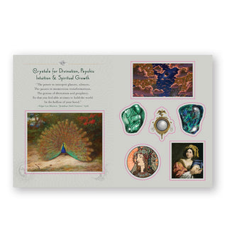Page sample from the Crystal Sticker Book features a section titled, "Crystals for Divination, Psychic Intuition & Spiritual Growth"