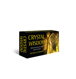 Black box of Crystal Wisdom affirmation cards with enlarged image of an illuminated quartz point