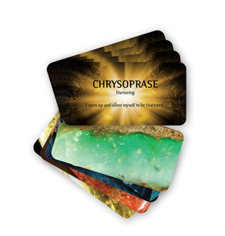 Spread of Crystal Wisdom Cards with "Chrysoprase" resting on top; its affirmation is, "I open up and allow myself to be Nurtured."