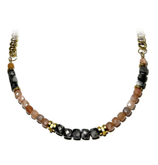 Dark gray larvikite and peach moonstone beads on chunky brass curb chain with brass separator beads