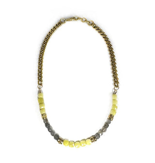 Necklace with half squared faceted yellow jade and labradorite stones separated by brass discs and half chunky brass curb chain