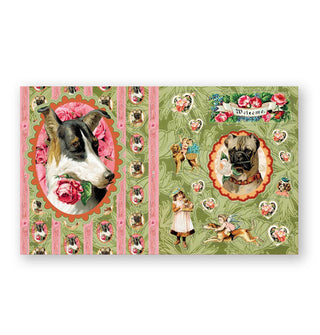 Page spread from Cynthia Hart's Victoriana Dogs: The Sticker Book features decorative dog, people, and flower designs in a Victorian style