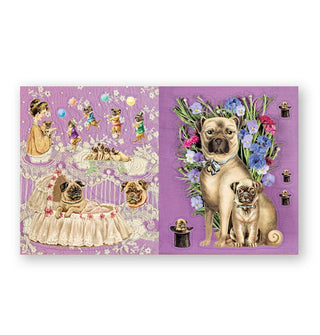 Page spread from Cynthia Hart's Victoriana Dogs: The Sticker Book features a predominantly purple palette with Victorian-style pug depictions accented with flowers