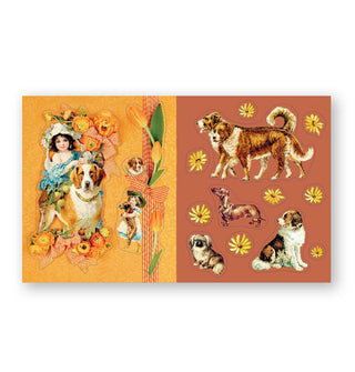 Page spread from Cynthia Hart's Victoriana Dogs: The Sticker Book features an orange and brown palette accented with Victorian-style dog illustrations accented by flowers and one woman in blue