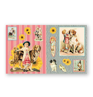Page spread from Cynthia Hart's Victoriana Dogs: The Sticker Book features wallpaper-like backgrounds with Victorian-style dog and child illustrations