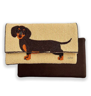 Rectangular beaded clutch with flap features a two-tone brown dachshund design