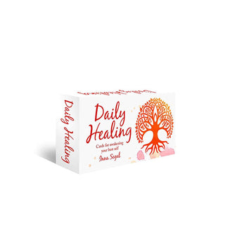 White box of Daily Healing cards with red lettering and Tree of Life design at right
