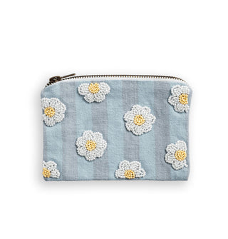 Two-tone blue striped cotton zippered pouch with yellow and white beaded daisy details