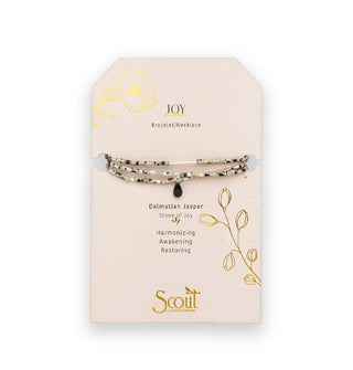 Dalmatian Jasper beaded Joy Bracelet/Necklace with central teardrop stone wrapped three times around a gold foil detailed product card