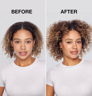 Side-by-side comparison of model's hair before and after using Kitsch Volumizing Dry Shampoo With Rice Protein