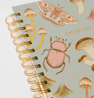 Closeup of a beetle, butterfly, and mushroom illustrations on the blue cover of a gold spiral-bound notebook