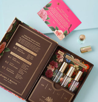Opened TokyoMilk perfume sampler box contains four bottles, one of which has been removed, gold lettering detailing the scent profiles, and a pink instruction card