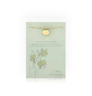 Birth month flower necklace card features the flower for December: Holly
