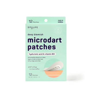 Rectangular mint green 12-pack of Spa Life Deep Blemish Hyaluronic Acid & Vitamin B3 Microdart Patches with detailed image of the patch at bottom right