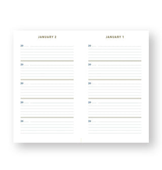 Page spread from a five-year journal features lined spaces to write for January 1st and 2nd