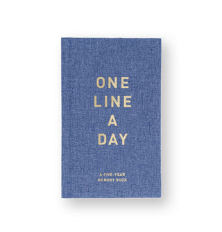 Blue denim cover of One Line a Day: A Five-Year Memory Book features metallic gold foil lettering