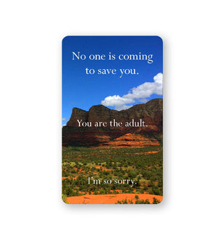 Sample card from the Disappointing Affirmations deck says, "No one is coming to save you. You are the adult. I'm so sorry" in white lettering overtop a desert mountain scene