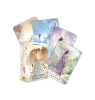 Box and four-card spread of Divine Feminine Archangel Oracle cards each feature moving celestial depictions of winged beings among clouds, stars, and other ephemeral components