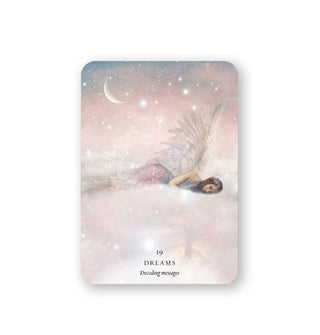 The Dreams card from the Divine Feminine Archangel Oracle deck features ethereal image of a winged, sleeping figure among clouds, stars, and a crescent moon and symbolizes decoding messages