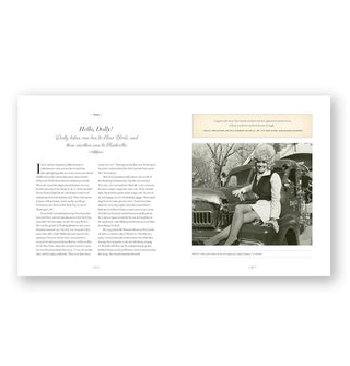 Page spread from Dolly Parton: 100 Remarkable Moments in an Extraordinary Life features a section titled, "Hello, Dolly!: Dolly takes one bus to New York, and then another one to Nashville" alongside black and white photograph of Dolly sitting on the fender of a firetruck