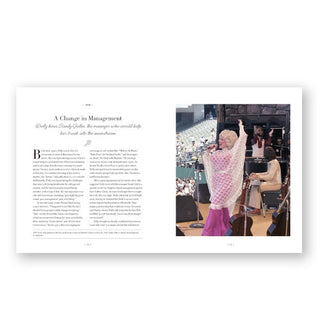 Page spread from Dolly Parton: 100 Remarkable Moments in an Extraordinary Life features a section titled, "A Change in Management" alongside a color photograph of Dolly singing onstage in a pink dress and white shawl