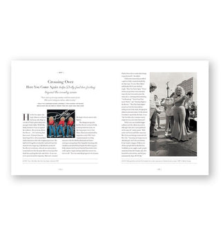 Page spread from Dolly Parton: 100 Remarkable Moments in an Extraordinary Life features a section titled "Crossing Over" with an adjacent black and white photograph of Dolly in bell bottoms with hands outstretched after placing them in wet cement