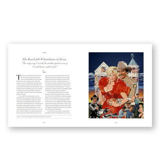 Page spread from Dolly Parton: 100 Remarkable Moments in an Extraordinary Life features a section titled, "The Best Little Whorehouse in Texas" alongside an illustrated portrait of Dolly and Burt Reynolds in the same movie