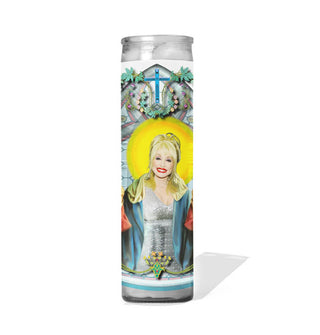 Tall glass prayer candle with label illustration depicting Dolly Parton as a saint