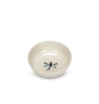 Round white ceramic bowl with embossed painted dragonfly graphic in the bottom